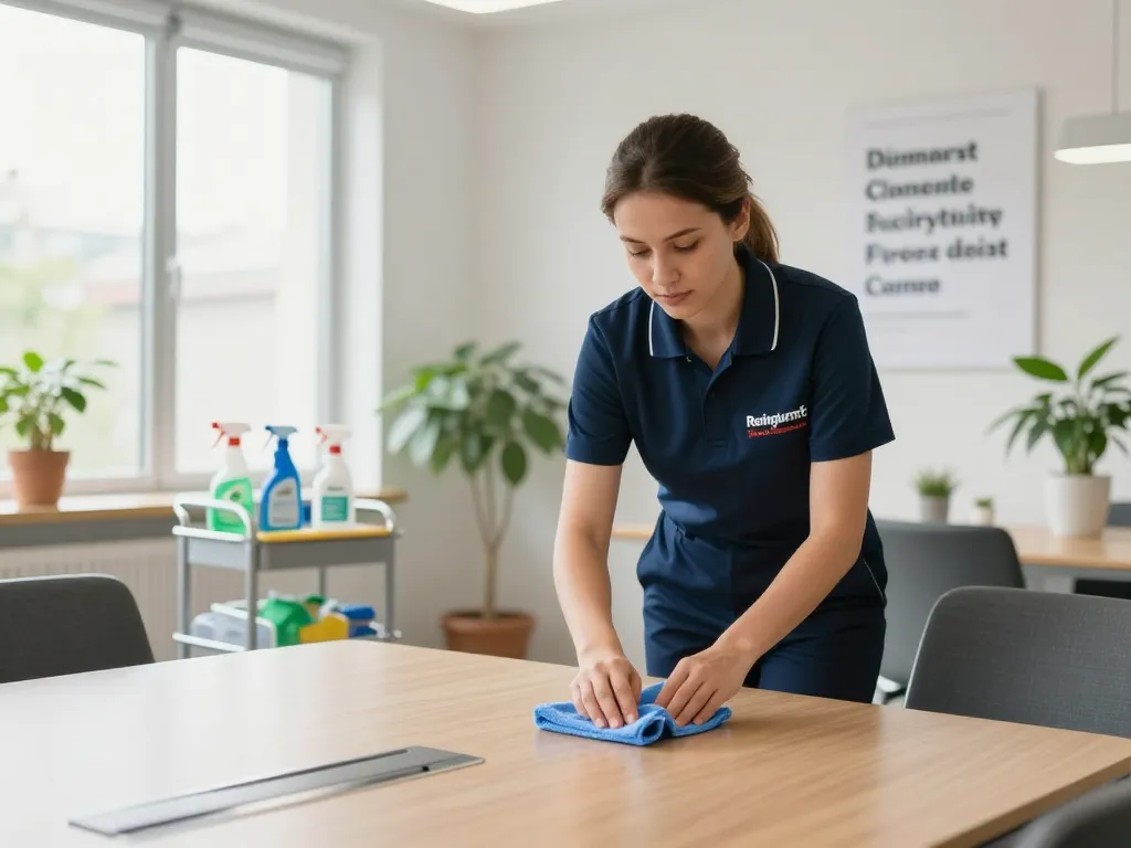 Professioneller Reiniger, der eine Reinigungsfirma in Münster repräsentiert, arbeitet fleißig in einem modernen Büro und zeigt Reinigungsmittel und eine helle Atmosphäre.