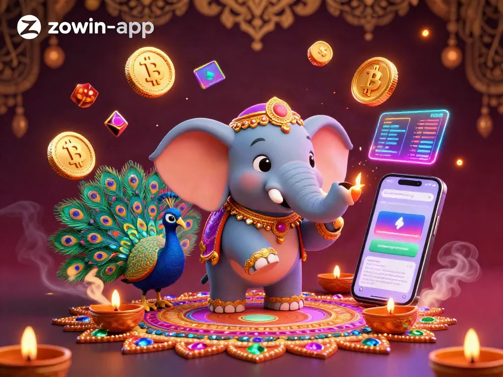 Zowin-app elevates gaming excitement with vibrant 3D illustrations of a casino elephant and peacock amidst golden elements.