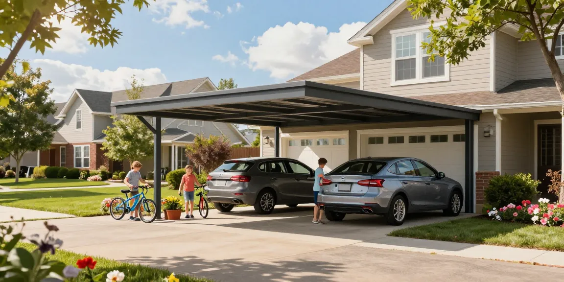 Moderne Carport-Installation im Freien, Familie organisiert Werkzeuge und Fahrräder.