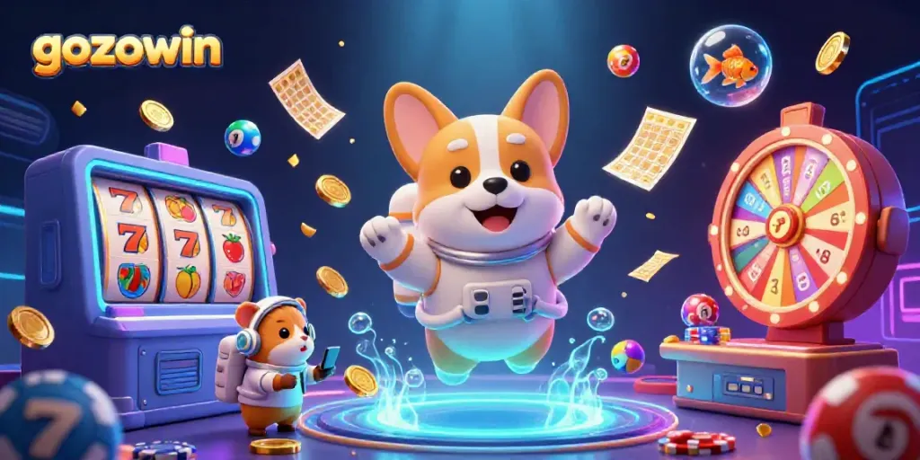 Experience exhilarating gaming at gozowin with a dynamic space casino scene featuring cheerful characters.