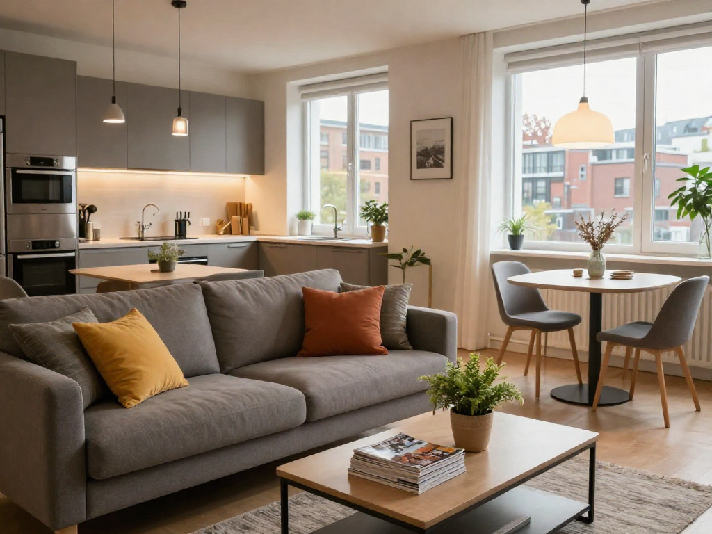 Möblierte Monteurwohnung Hannover mit einladendem Wohnzimmer und moderner Küche