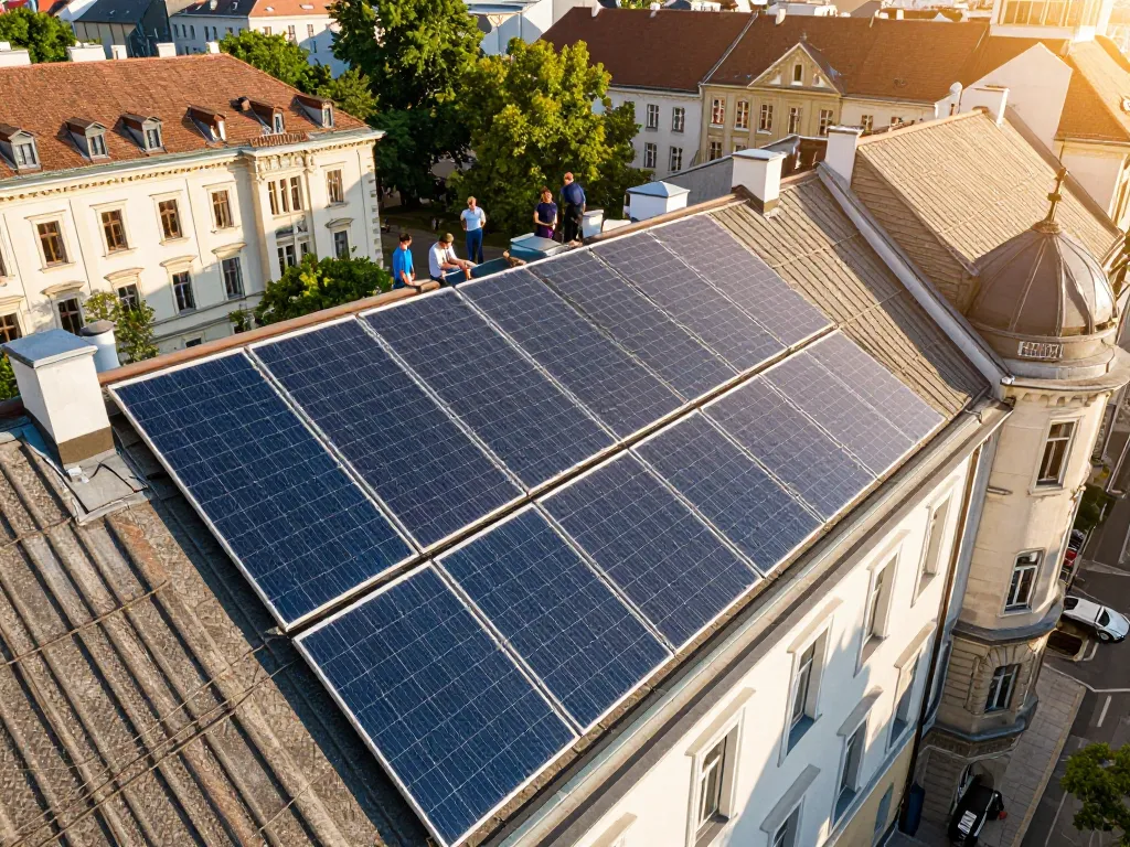 Installation von Solarpanelen für Privathaushalte in Wien mit Menschen, die Lösungen diskutieren