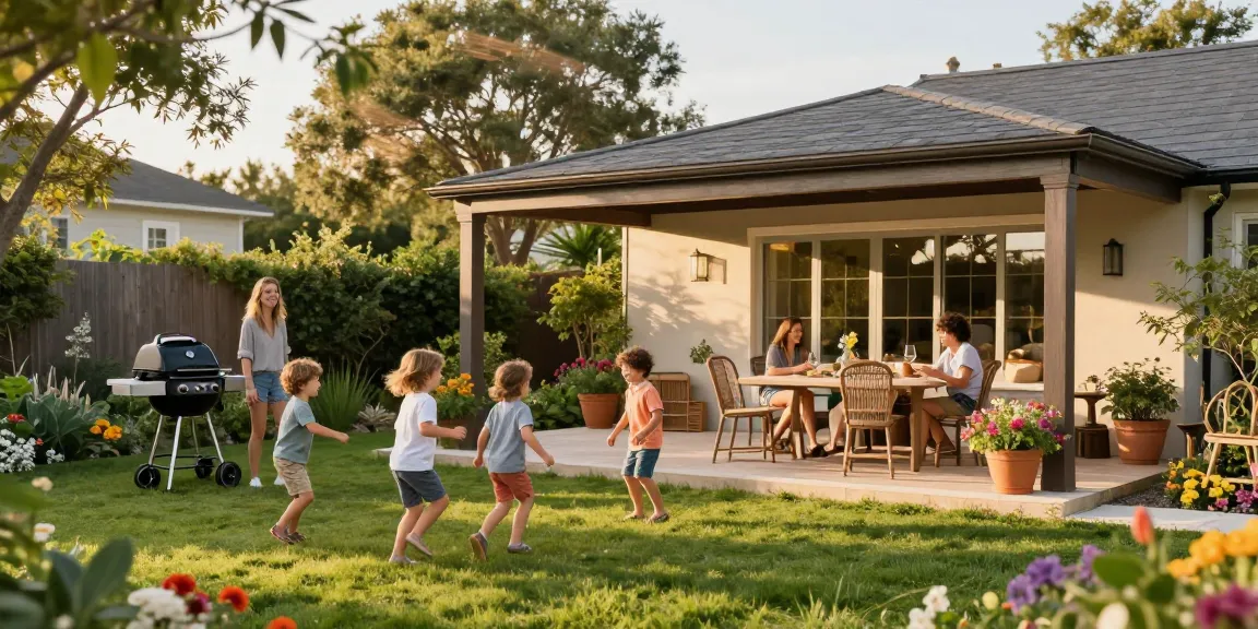 Freistehende Terrassenüberdachung im Garten mit Familie, Spiel und Grillfest.