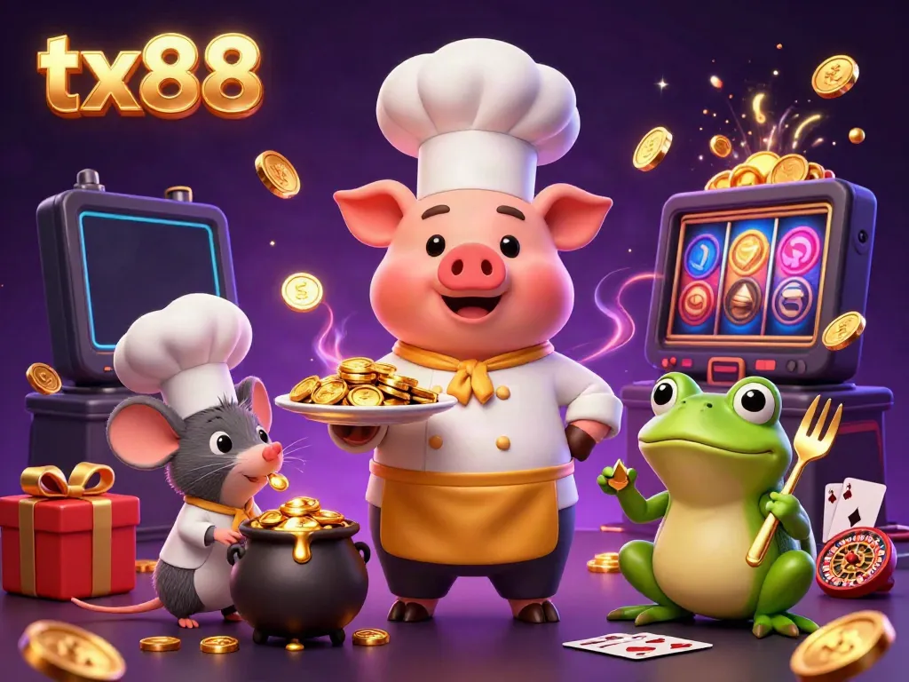 Experience the excitement of tx88 with a vibrant illustration of a chef pig serving gold coins amid dynamic casino elements.