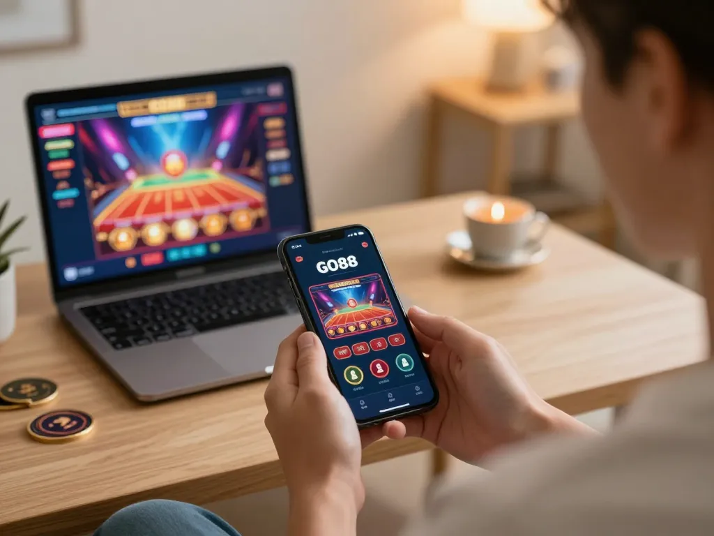 Engaging gameplay on GO88 mobile app, showcasing user excitement in a cozy home setting