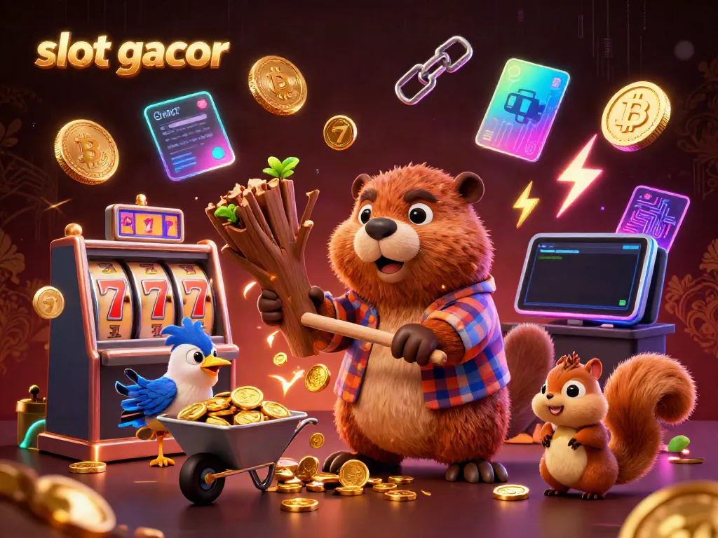 Engage with slot gacor excitement in a vibrant 3D scene featuring animated characters and casino elements.