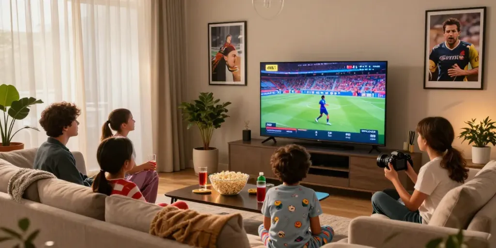 Family enjoying 4K IPTV streaming on upip-tv.de in a cozy living room.