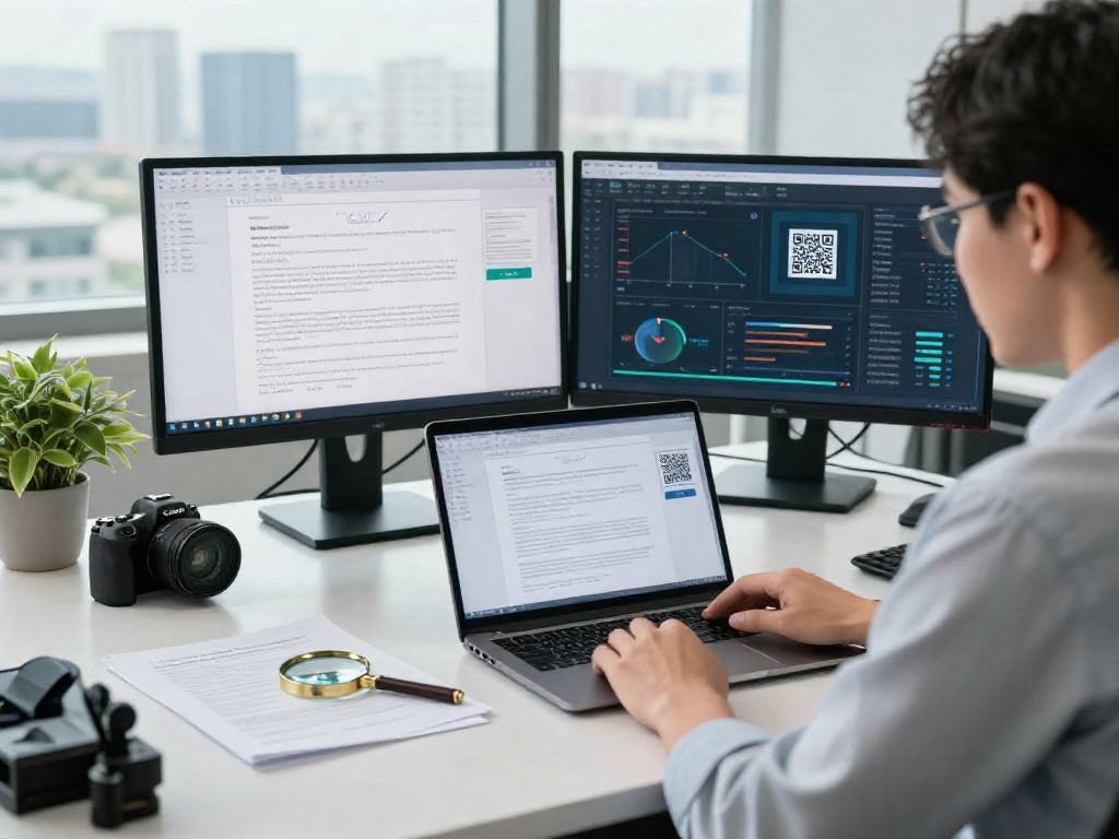 Compliance officer conducting document fraud detection analysis in a modern office.