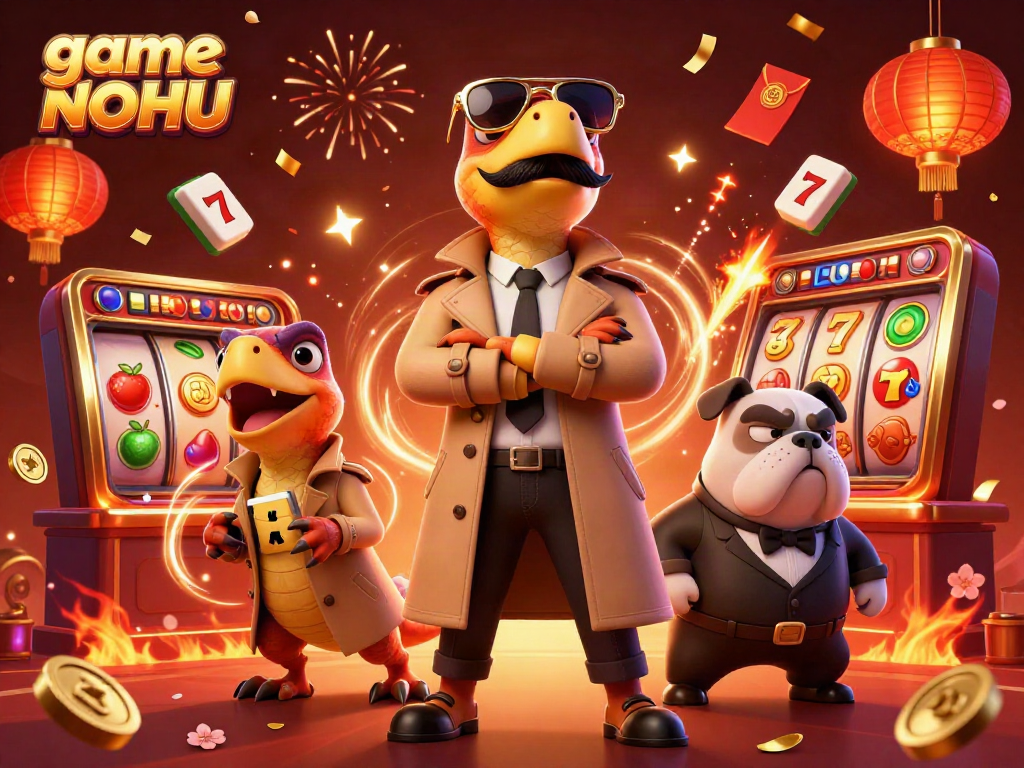 Engage in game NOHU with vibrant slots, raptors in a trench coat, and festive casino elements.