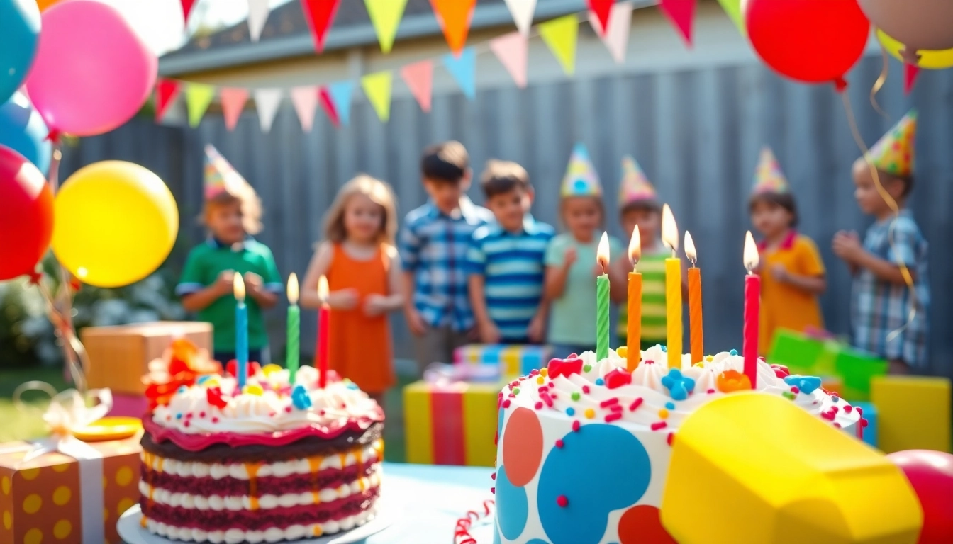 Kindergeburtstag 4 Jahre mit buntem Kuchen und fröhlichen Kindern auf einer Feier
