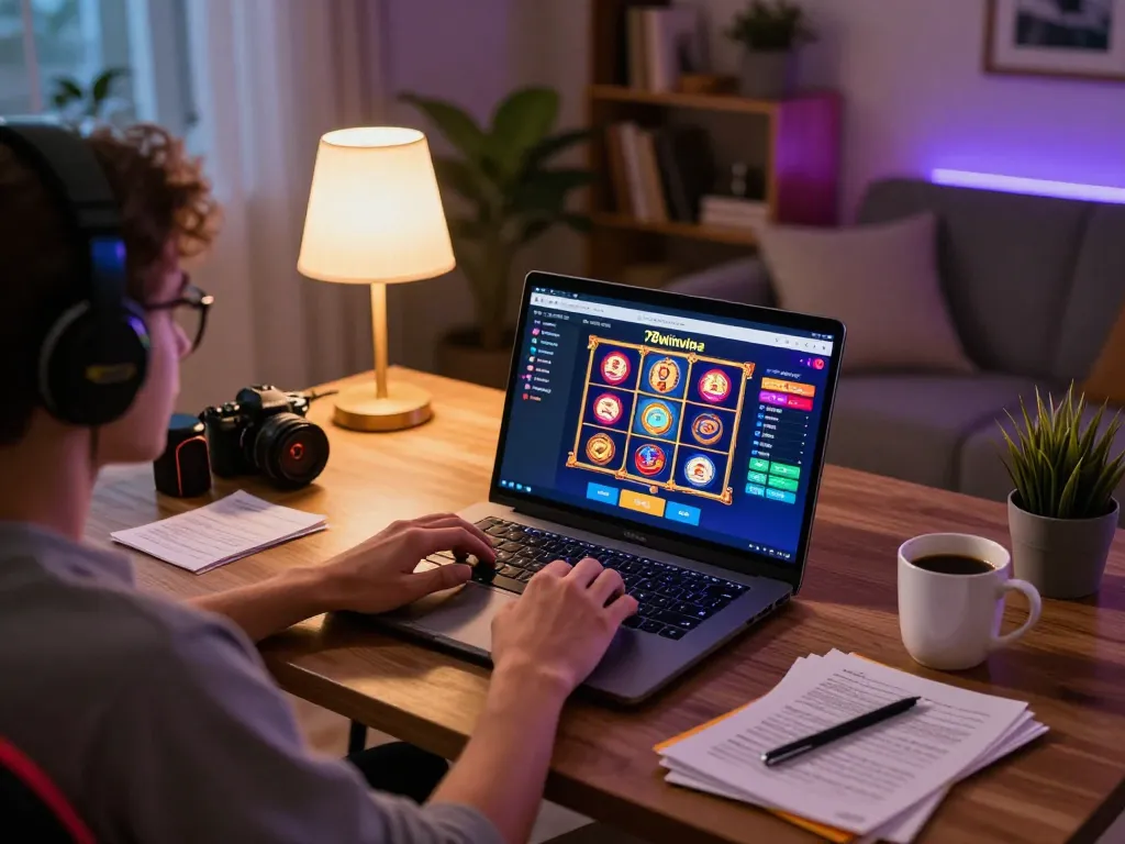 Engaging scene of a player using 78winvina online gaming platform on a laptop.