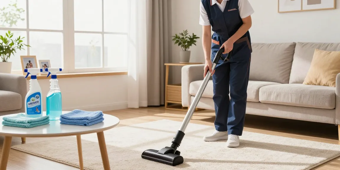 Professional cleaner from putzfirma bern vacuuming a cozy living room, showcasing a pristine cleaning service.