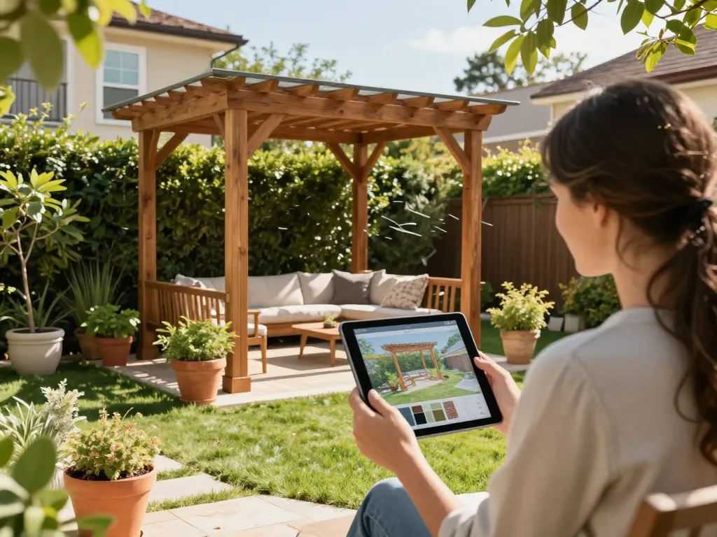 Hausbesitzer visualisiert ein Pergola 3D Design im Garten, das anpassbare Außenbereiche zeigt.