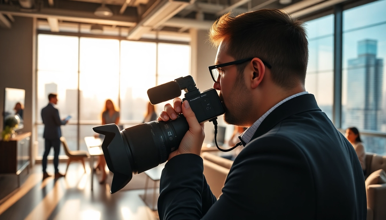 Businessfotograf München bei der Arbeit in einem modernen Büro, Teammeeting festhaltend.