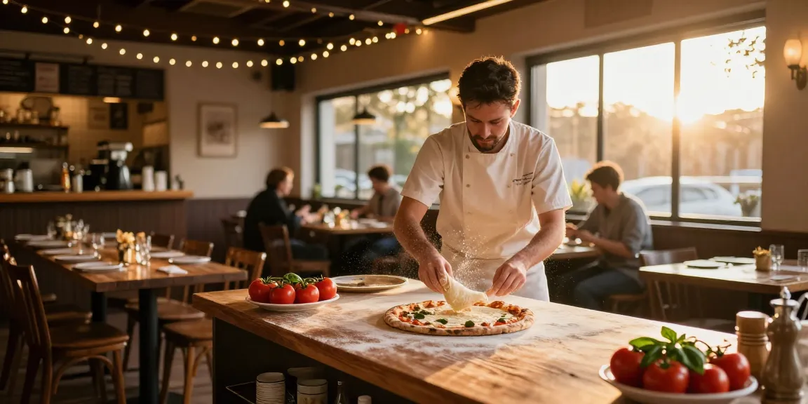 pg soft inspired pizza scene with chef tossing dough and fresh ingredients.
