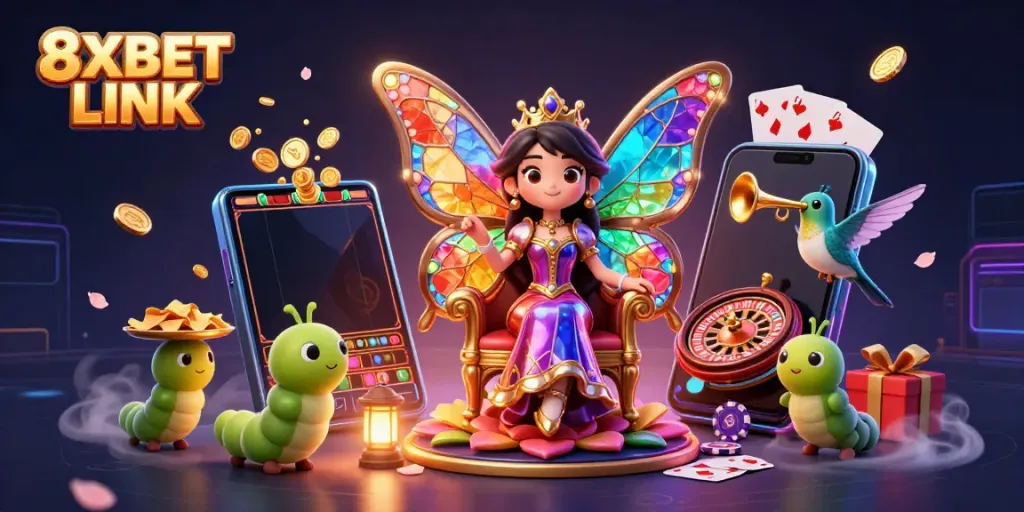 Engage with 8XBET LINK through a vibrant 3D casino illustration showcasing gaming excitement.