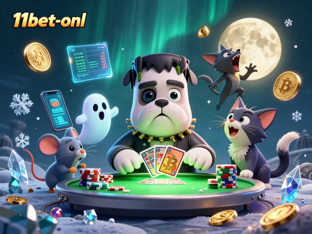 Engage with 11bet-onl's exciting games amidst vibrant casino characters and crypto elements.