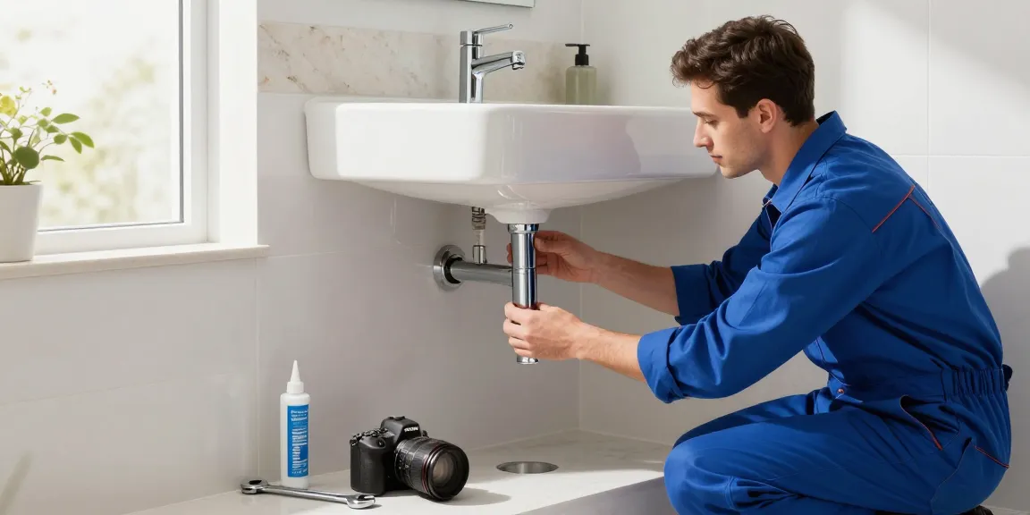 Strakke sifon wastafel installatie onder een stijlvolle wastafel door een professionele loodgieter in een moderne badkamer.