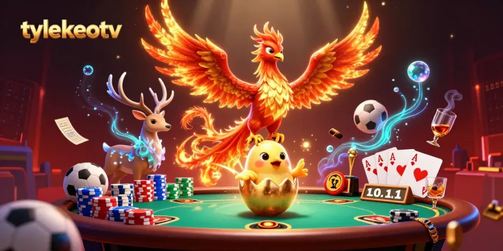 Engage with tylekeotv's thrilling sports betting scene featuring a vibrant Phoenix and gaming elements.