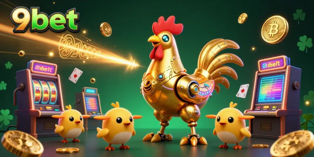 Experience the excitement of 9bet with a vibrant illustration of a dynamic casino scene full of winning symbols.