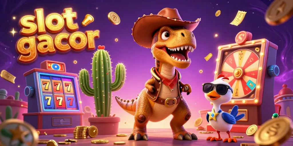 Engage with thrilling slot gacor action featuring a vibrant cowboy dinosaur, lucky symbols, and dynamic game elements.