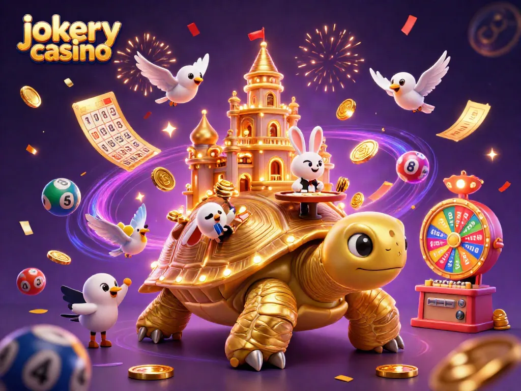 Experience the thrill of jokery casino with a vibrant 3D scene of a golden tortoise casino.