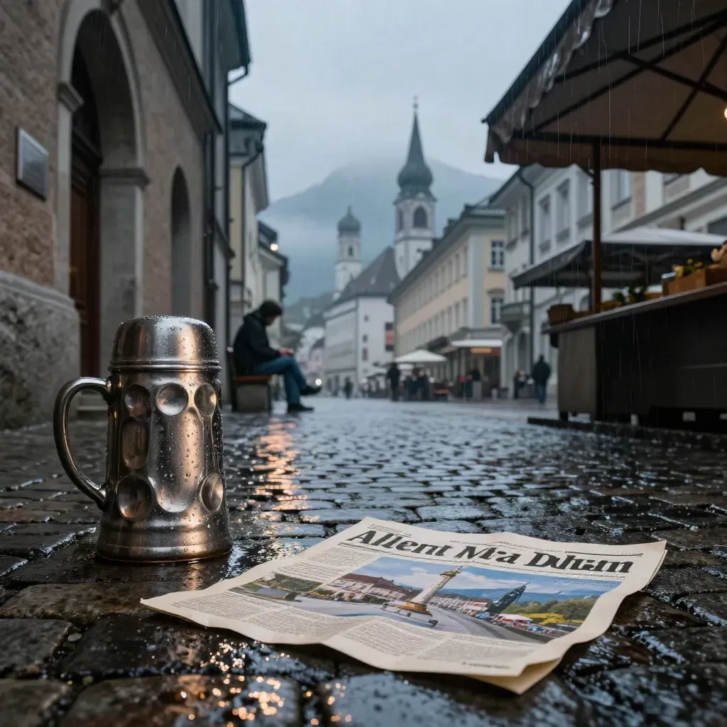 Regen nasse bayerische Altstadt mit Bierkrug, Stadtansicht und Türmen vor Bergen