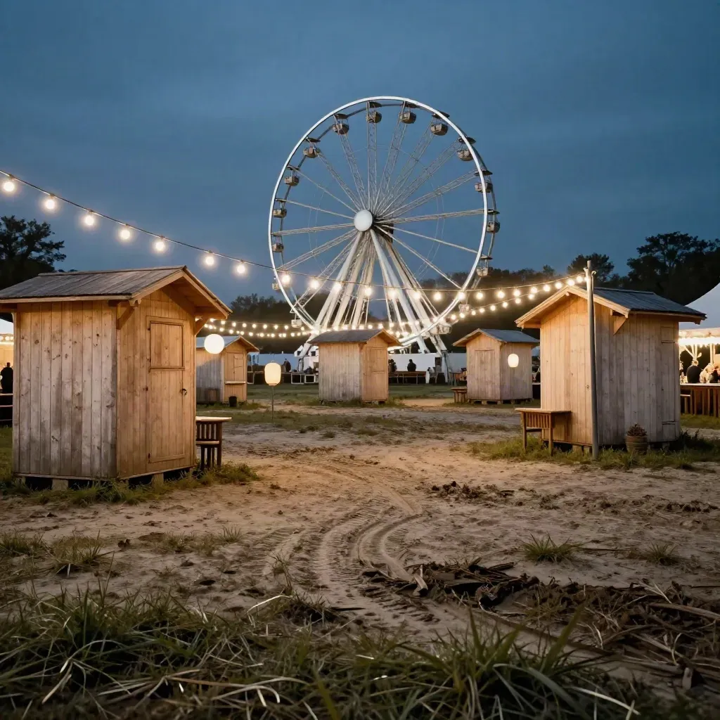 Halbleeres Festgelände bei Abendblau, Lichterketten und Riesenrad über aufgeweichter Wiese