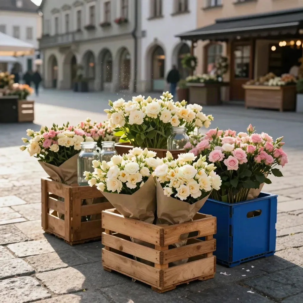 Marktkisten und Blumenbündel auf einem leeren Platz zwischen Steinfassaden im Morgenlicht.
