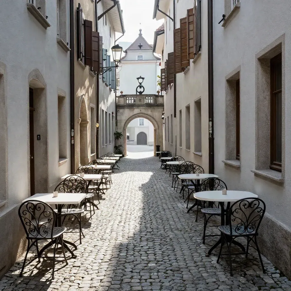 Enge Altstadtgasse mit Kopfsteinpflaster, Caféstühlen und Stadttor im Morgenlicht.