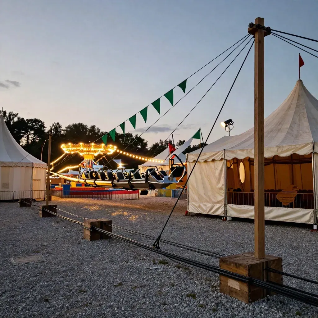 Dämmernder Volksfestplatz mit Zeltdächern, Lichterketten und leuchtendem Fahrgeschäft