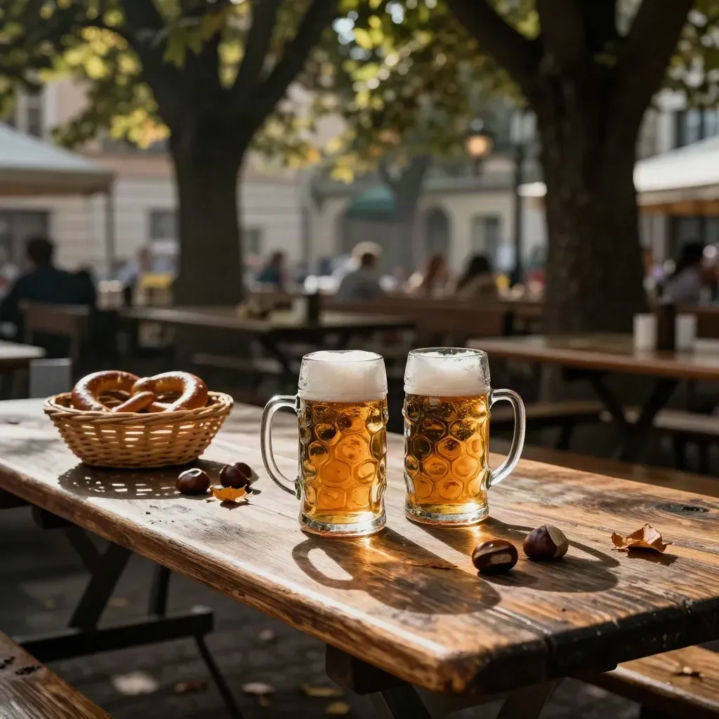 Schattiger Münchner Biergarten mit Maßkrügen, Breznkorb und Sonnenflecken auf Holz.