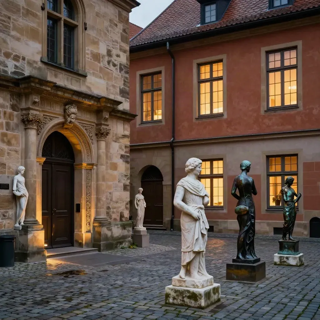 Fränkisches Kulturviertel mit Sandsteinfassade, Theaterportal und warm erleuchteten Fenstern im Hof.