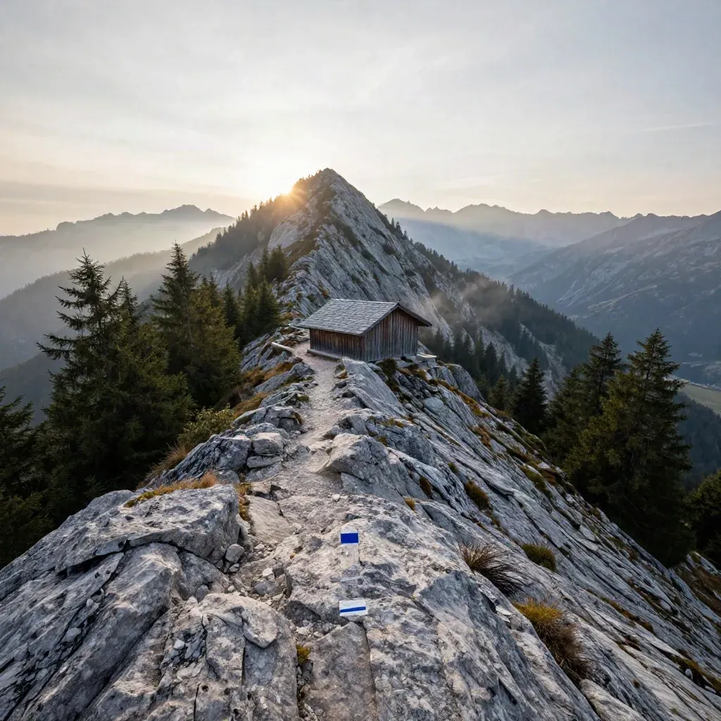 Alpiner Höhenweg im Morgenlicht mit Felsen, Latschenkiefern und Hütte im Dunst