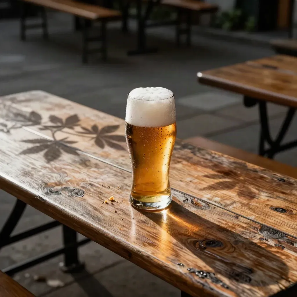 Leerer Biergartentisch mit halbem Maßkrug im Kastanienschatten und warmem Sonnenrest.