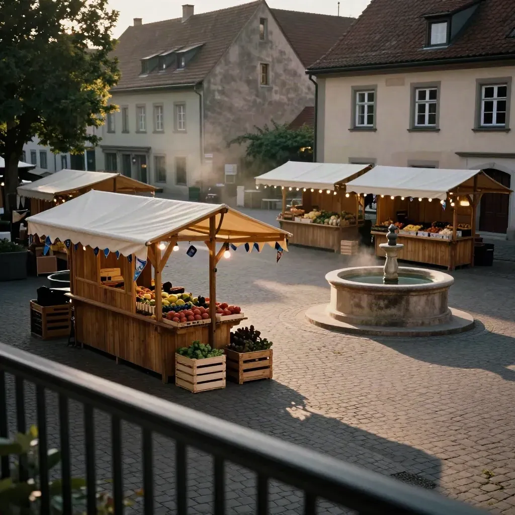 Fränkischer Dorfplatz mit Marktständen, Wimpeln und Brunnen am Abendmarkt im Aufbau.