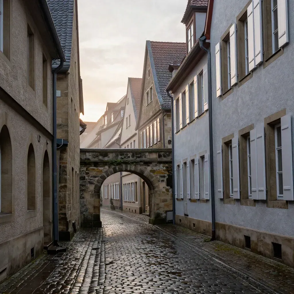 Nürnberger Altstadtgasse mit Torbogen, nassem Pflaster und Abendlicht nach Regen.