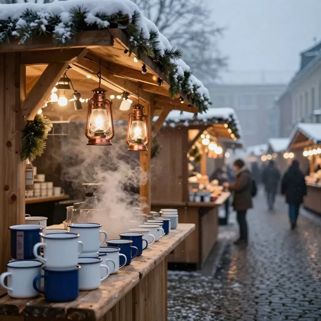 Wintermarkt mit Lichterketten, Dampfbechern und feinem Schnee im Abenddunkel.