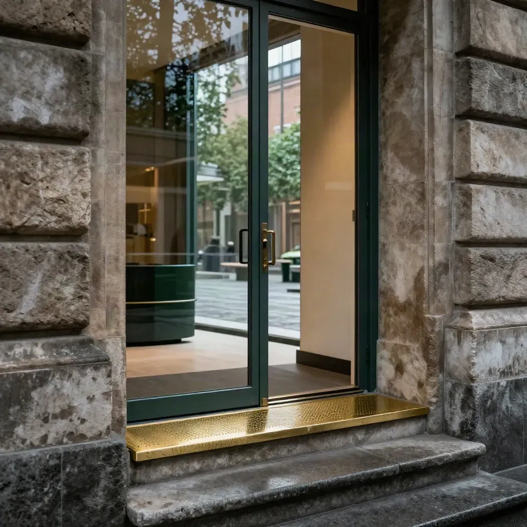 Museumseingang in Augsburg mit Steintreppe, Glasfassade und offenem Licht ins Innere.
