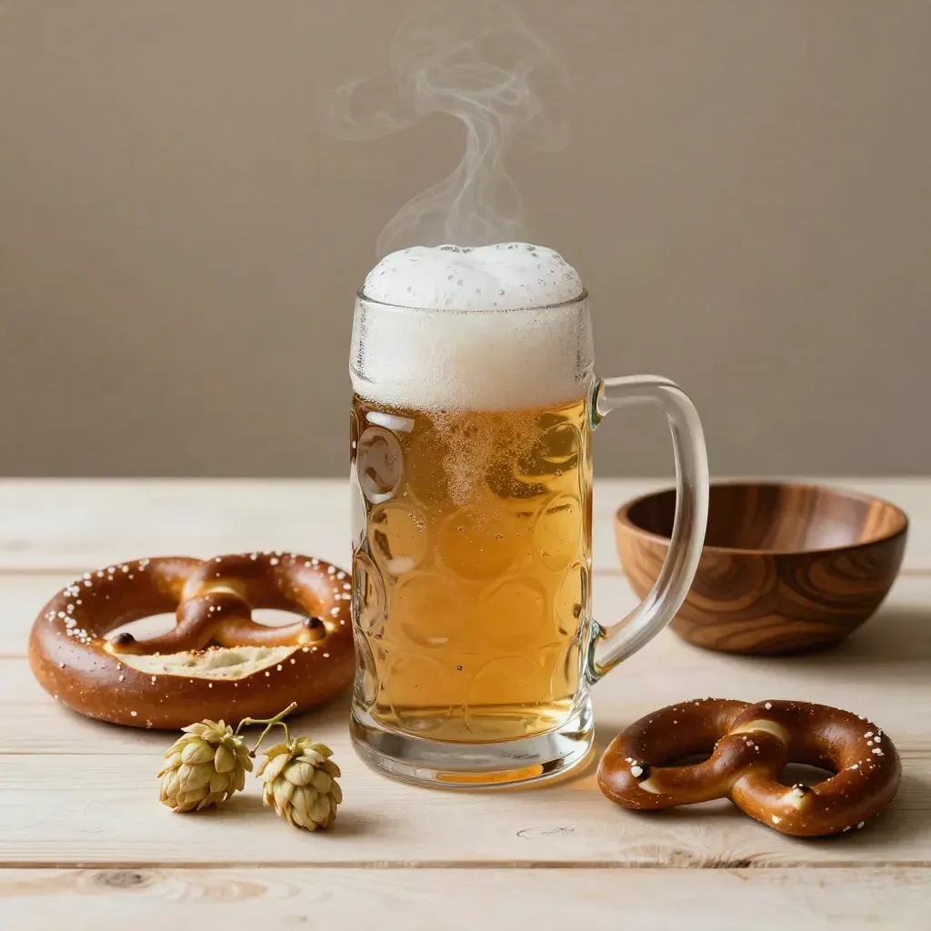Steinzeugkrug mit Breznstück, Hopfenzweig und Holzschale auf hellem Holz.