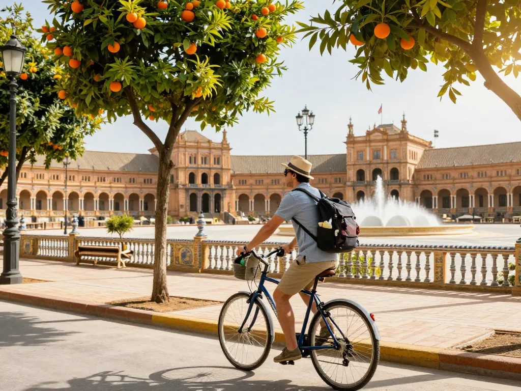 Reisetipps Sevilla: Reisender, der den Charme Sevillas beim Radfahren durch seine historischen Straßen erlebt.