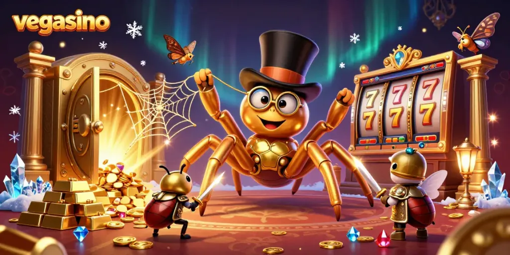 Experience the thrill of vegasino with a golden tarantula and beetle knight in an exciting casino scene.