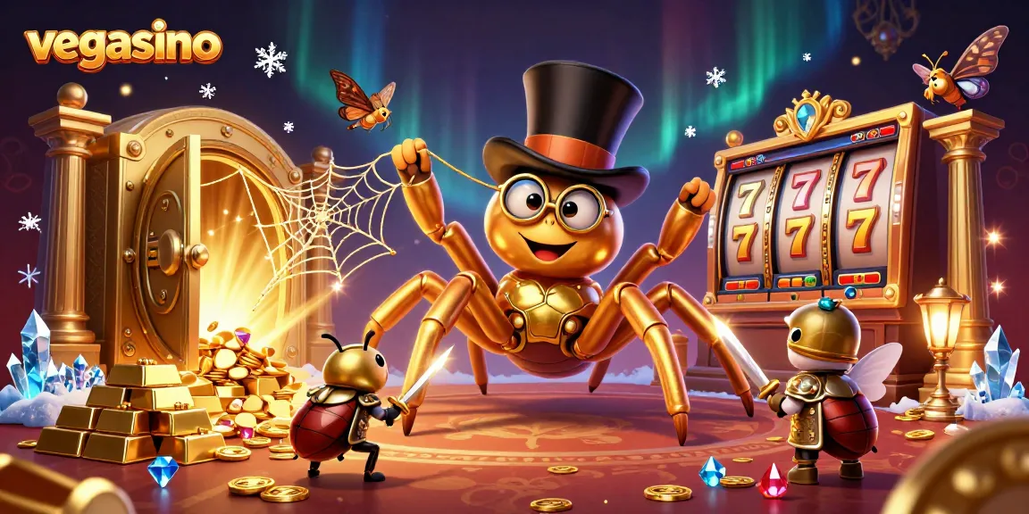 Experience the thrill of vegasino with a golden tarantula and beetle knight in an exciting casino scene.