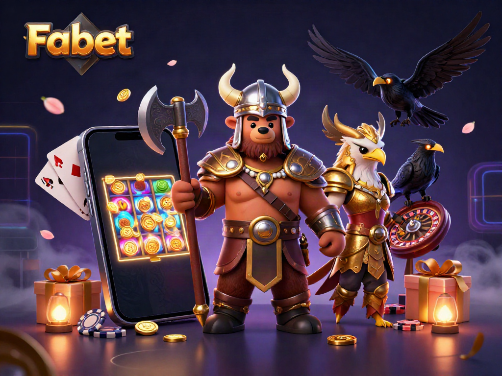 Engage with Fabet's thrilling slot games featuring a Viking berserker and eagle in a dynamic casino scene.