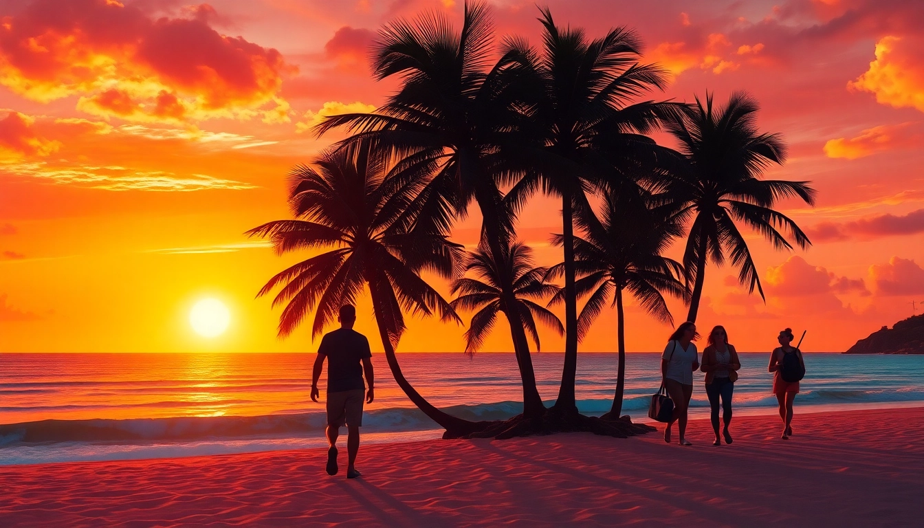 Erleben Sie faszinierende Fernreisen an einem tropischen Strand bei Sonnenuntergang.