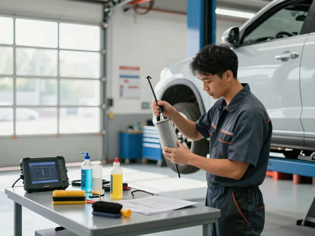 Professionelle DPF-Reinigung Hannover in Werkstatt mit Techniker und Werkzeugen.