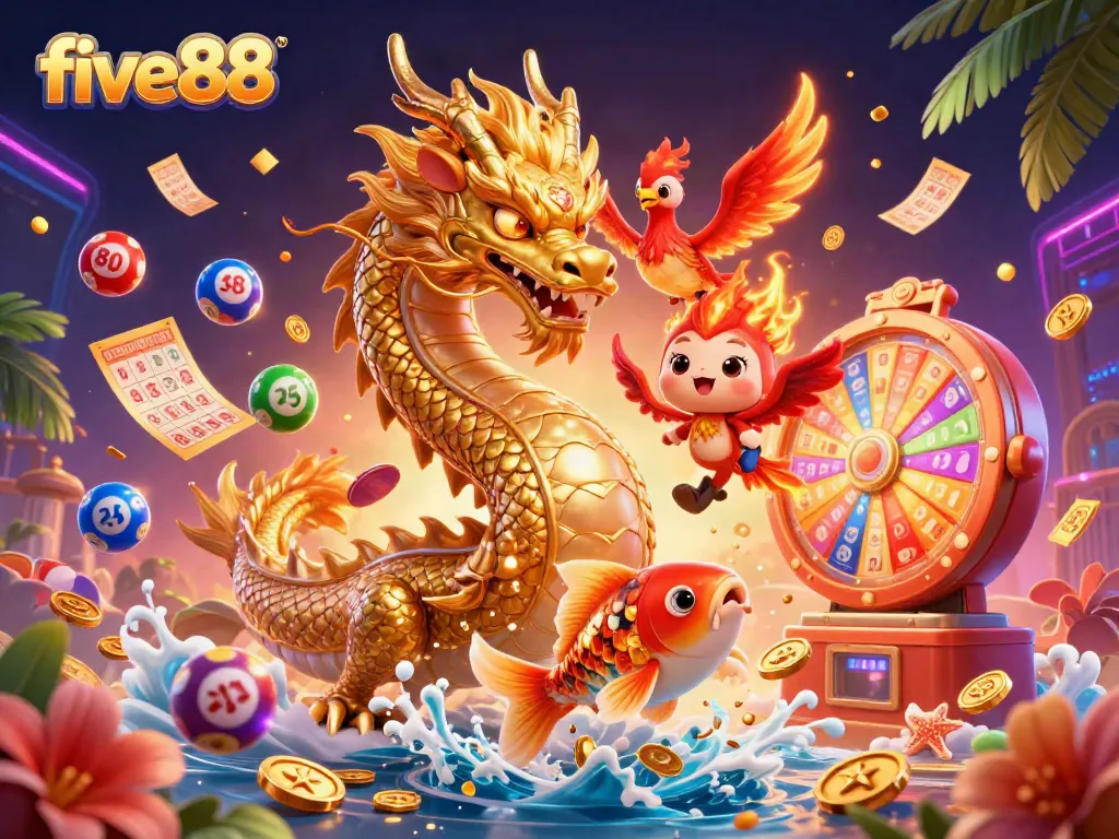 Engage in thrilling luck with five88 as a golden dragon coils around a shower of gaming treasures.