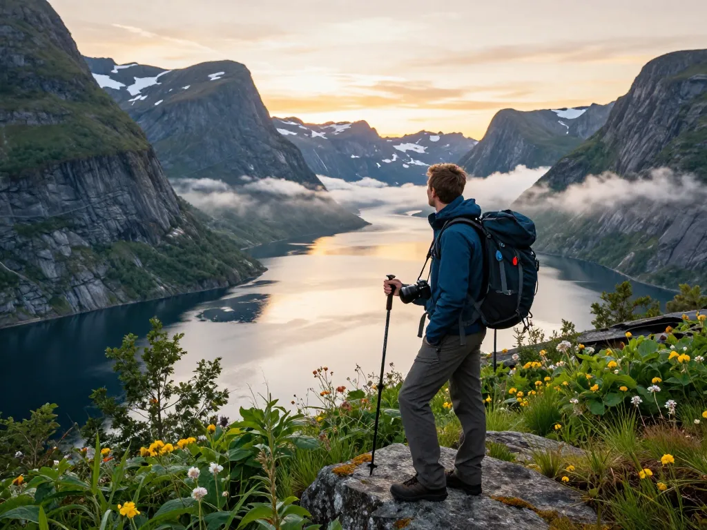 Skandinavien Reisetipps - Reisender genießt atemberaubende Fjordblicke in Norwegen während des Sonnenaufgangs.