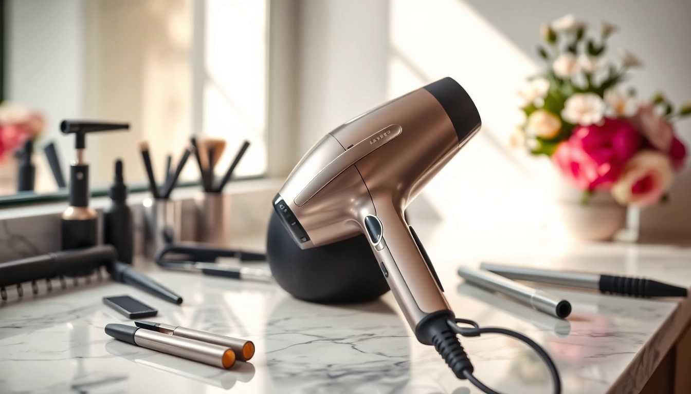 Verwenden Sie den laifen haartrockner auf einem eleganten Marmortisch mit Stylingwerkzeugen.