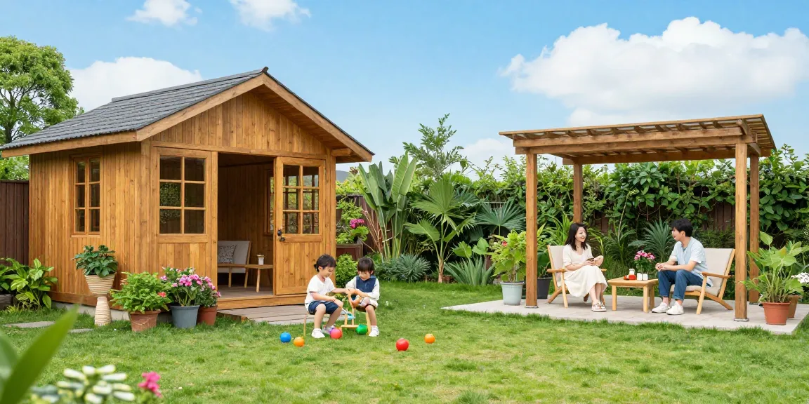 Familie genießt entspannt ihr neues Gartenhaus im malerischen Garten mit Spielzeug und Blumen.